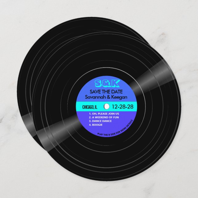 Disco Vinyl Record Blue Aqua Stripes Wedding Save The Date (Front/Back)