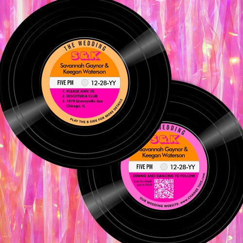 Disco Vinyl Record Pink Orange Stripes Wedding Invitation