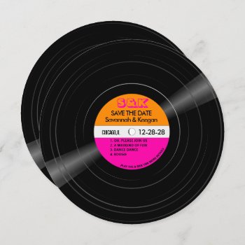 Disco Vinyl Record Pink Orange Stripes Wedding Save The Date by HelloPinkFeathers at Zazzle