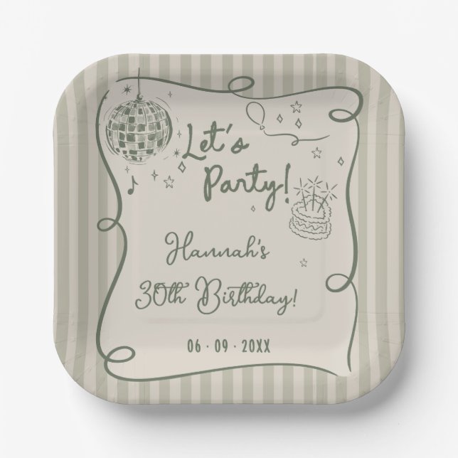 Disco Whimsical Hand Drawn Funky 30th Birthday Paper Plates (Front)