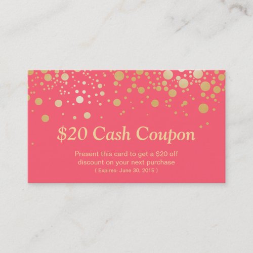 Discount Coupon Card Elegant Pink Coral Gold Dots