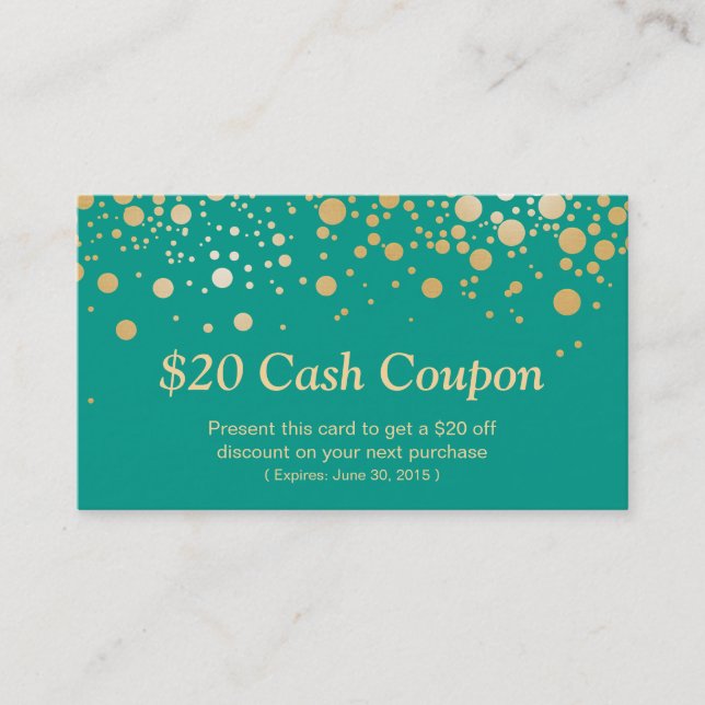 Discount Coupon Card Emerald Green Gold Dots (Front)