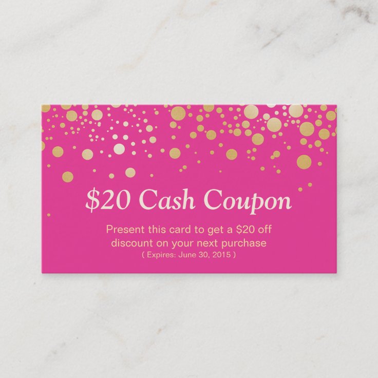 Discount Coupon Card Glam Gold Pink Confetti Dots | Zazzle