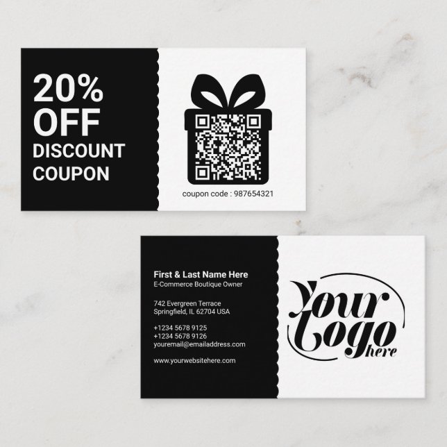 Discount Coupon QR Code black Marketing Business Card (Front/Back)