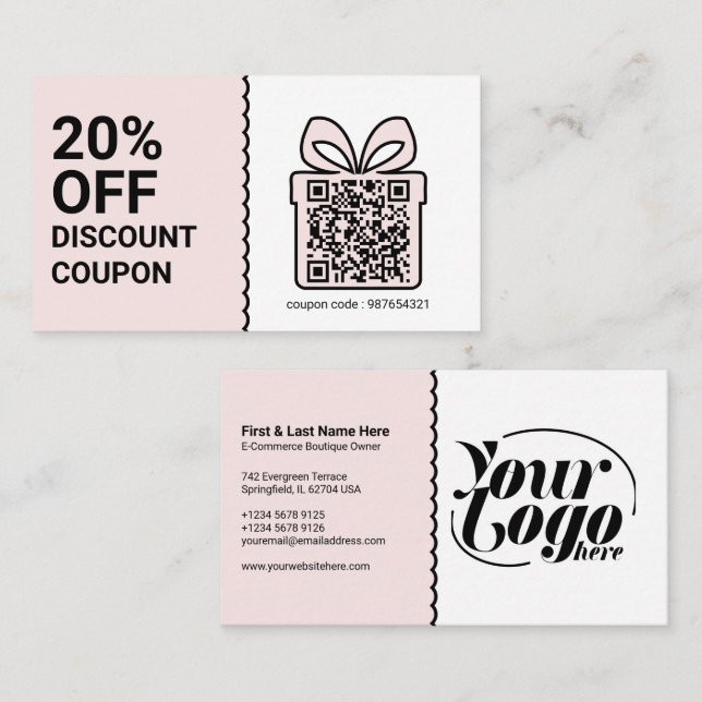 Discount Coupon QR Code Logo Pink Marketing Business Card (Front/Back)