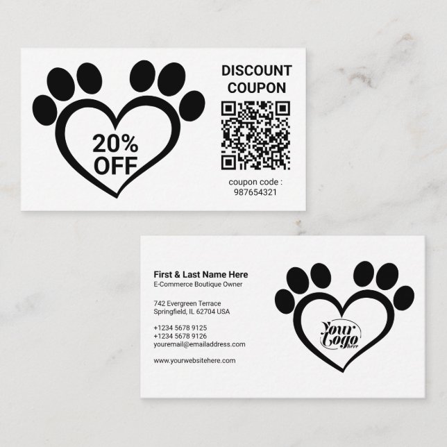 Discount Coupon QR Code Pet Paw Business Card (Front/Back)