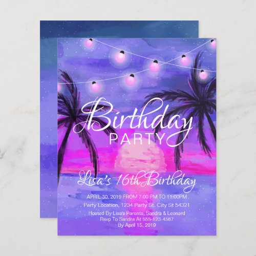 Discount Purple Beach Sunset Birthday Invitations