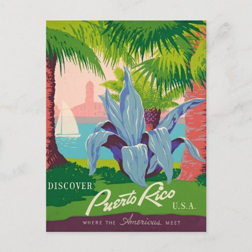 Discover Puerto Rico Vintage Travel Art Postcard
