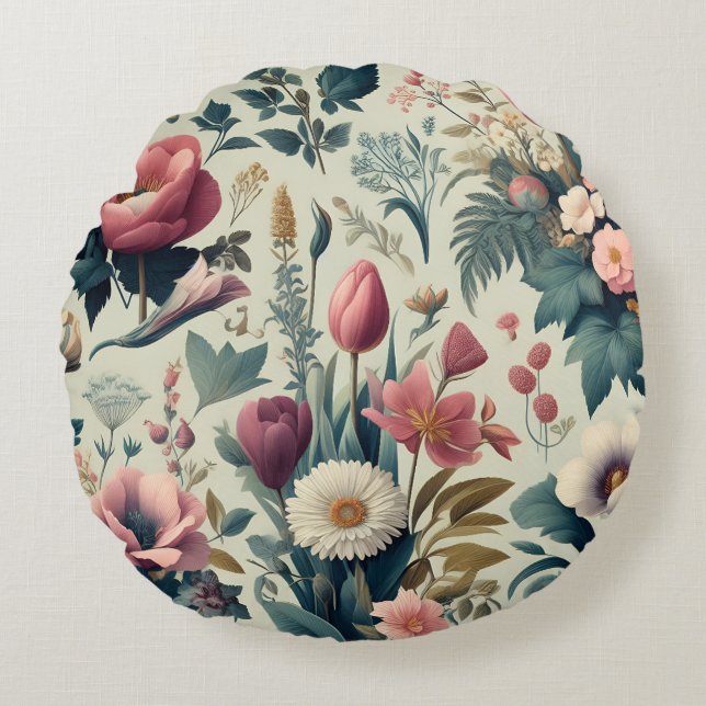 Discover Stunning Spring Floral Botanical Pattern Round Pillow (Front)