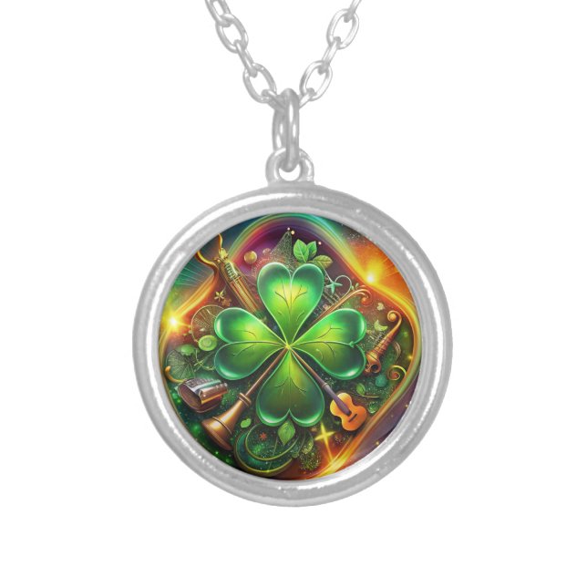 Discover the Perfect Harmony of Shamrock, Musical  Silver Plated Necklace (Front)