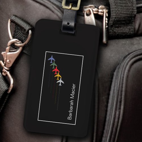 discreet color airplanes aligned on modern black luggage tag