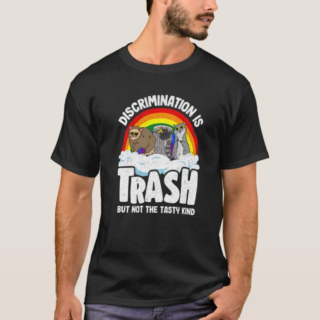 Discrimination Is Trash Gay Pride Raccoon Opossum  T-Shirt (Front)