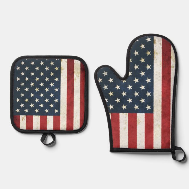 Disdressed American Flag Oven Mitt & Pot Holder Set (Front)