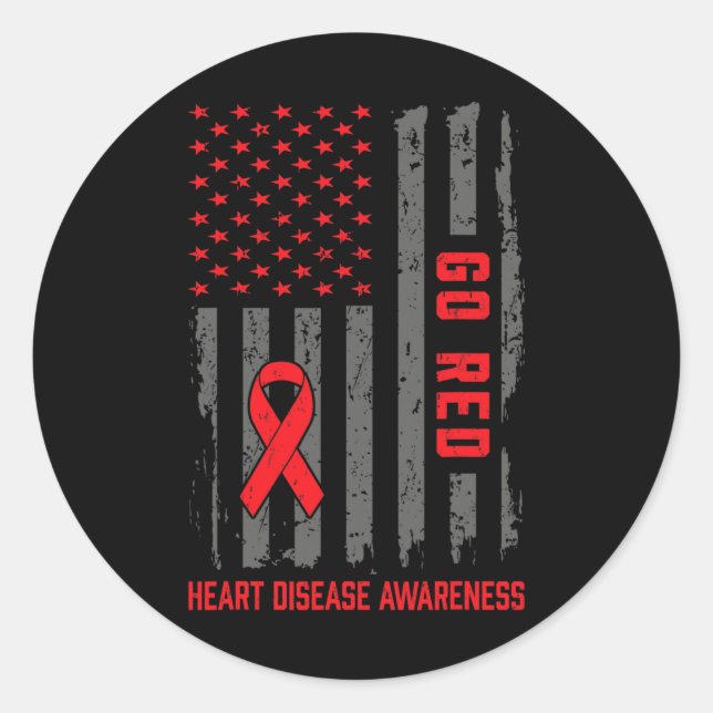 Disease American Flag Go Red Heart Disease Awarene Classic Round Sticker (Front)
