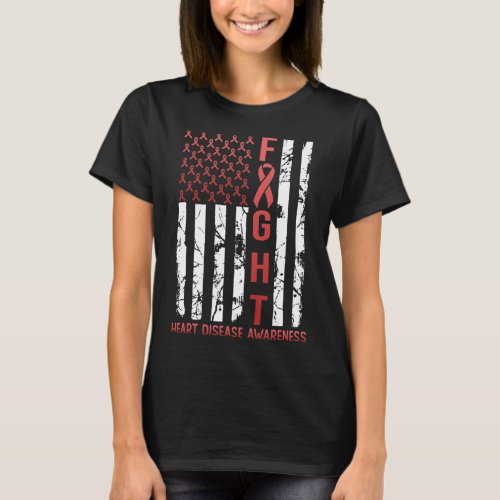 Disease Awareness February Usa Flag Ribbon Red  T_Shirt