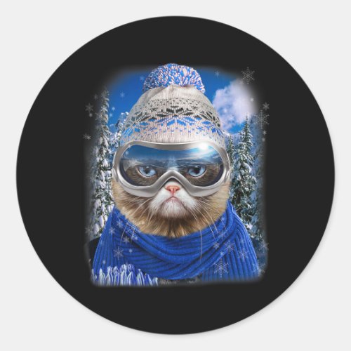 Disgruntle Cat In Winter Ski Snowboarding Sport We Classic Round Sticker