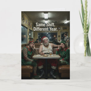 Disheveled Santa Elves Diner Dark Humor Card