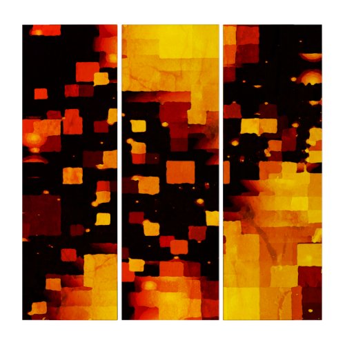 Disintegration Gold and Orange Geometric Abstract Triptych