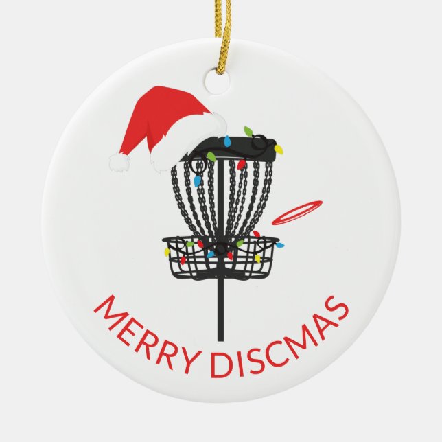 Disk Golf Santa Hat Christmas Ceramic Ornament (Front)