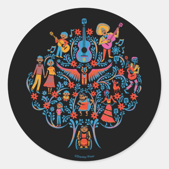 Disney Pixar Coco | Colorful Character Tree Classic Round Sticker (Front)