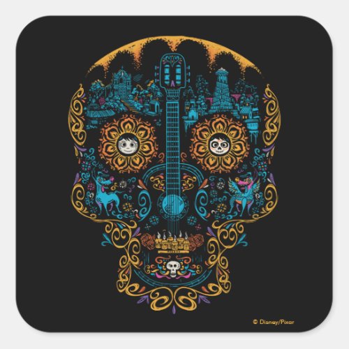 Disney Pixar Coco | Colorful Ornate Skull Guitar Square Sticker