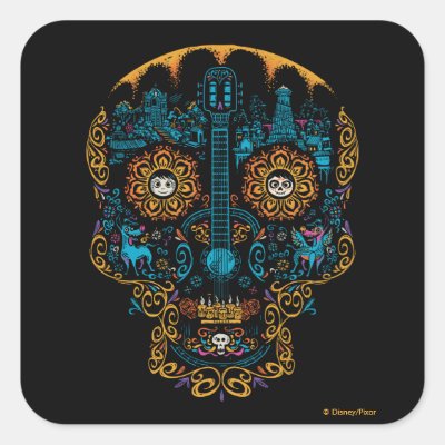 Disney Pixar Coco | Colorful Ornate Skull Guitar Square Sticker