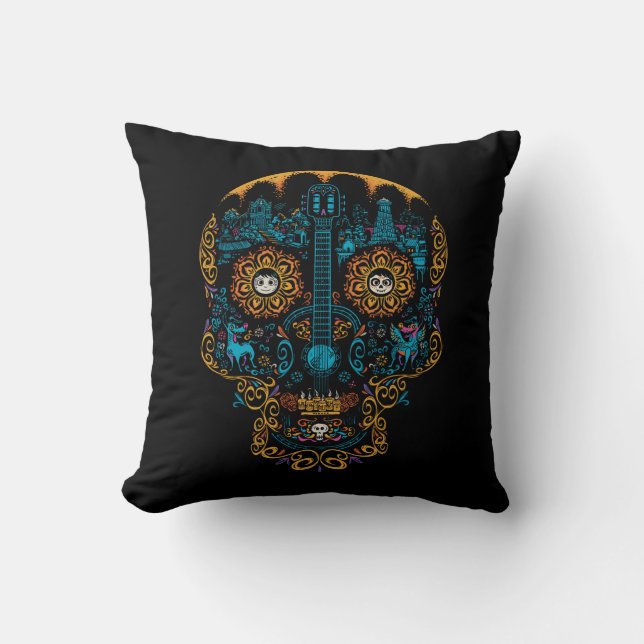 Disney Pixar Coco | Colorful Ornate Skull Guitar Throw Pillow (Front)