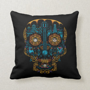 Disney Pixar Coco   Colorful Ornate Skull Guitar Throw Pillow