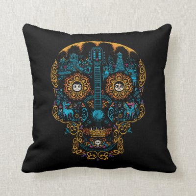 Disney Pixar Coco | Colorful Ornate Skull Guitar Throw Pillow