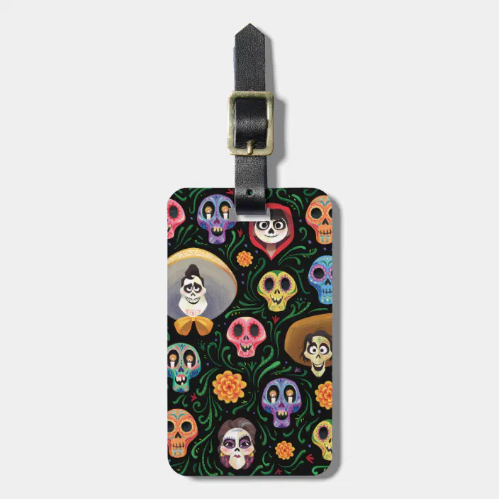 Travel Day Of The Dead Sugar Skull Leather Luggage Tags with Black Strap Set of 1 