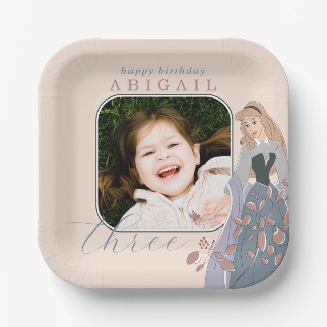 Disney Princess Aurora | Floral Birthday Photo Paper Plates (Front)