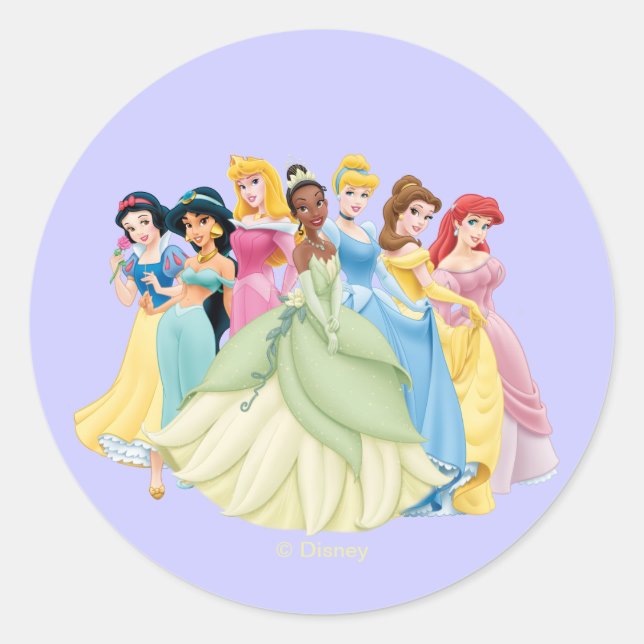 Disney Princess | Aurora, Tiana, Cinderella Center Classic Round Sticker (Front)