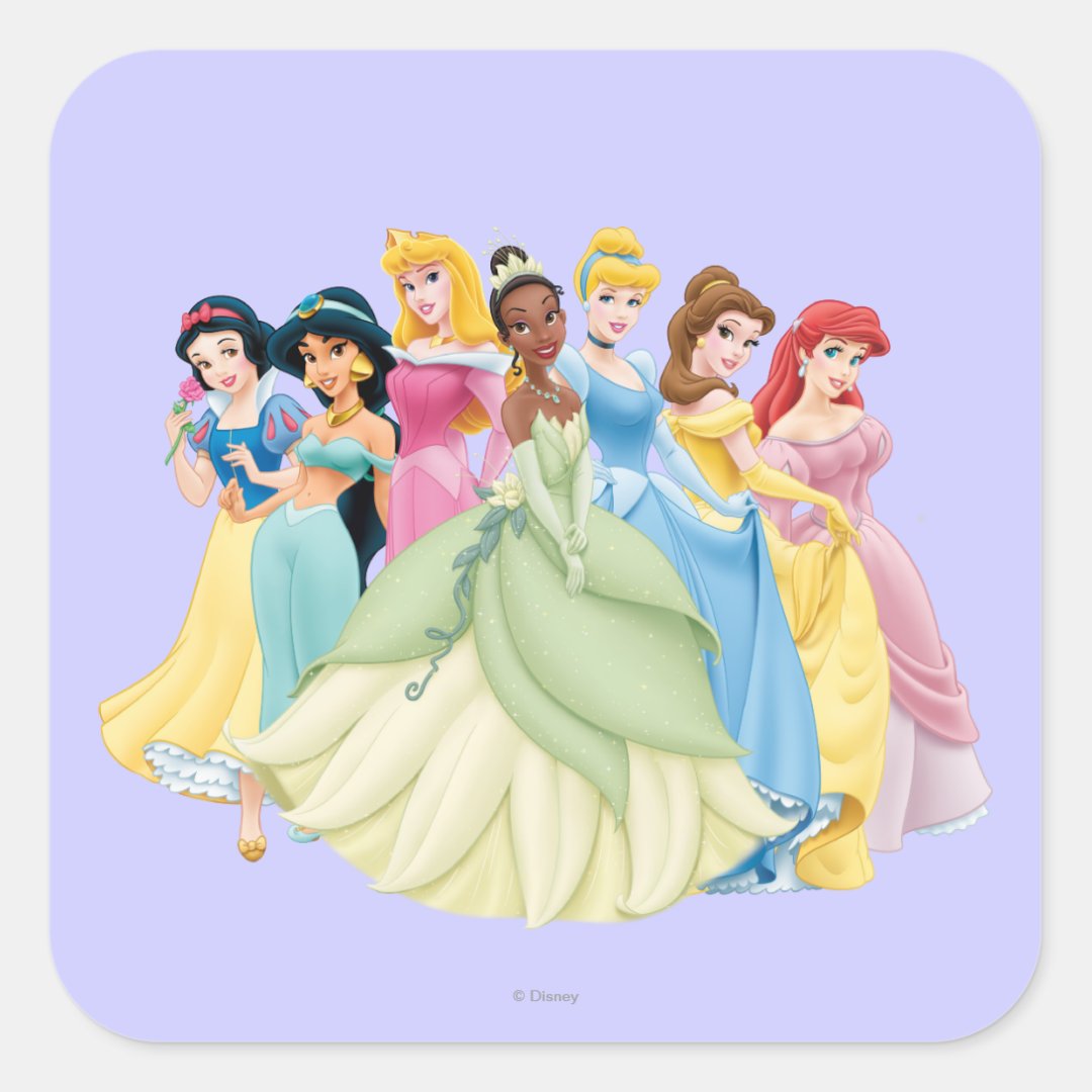 Disney Princess | Aurora, Tiana, Cinderella Center Square Sticker | Zazzle