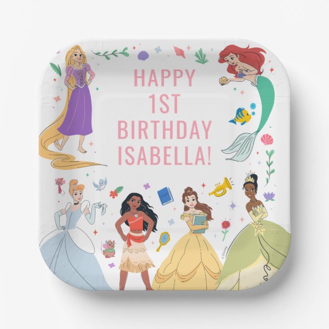 Disney Princess Birthday Floral Collage  Paper Plates (Front)