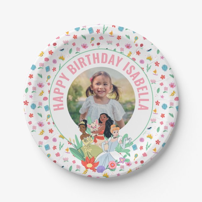Disney Princess Birthday Floral Collage Paper Plates (Front)