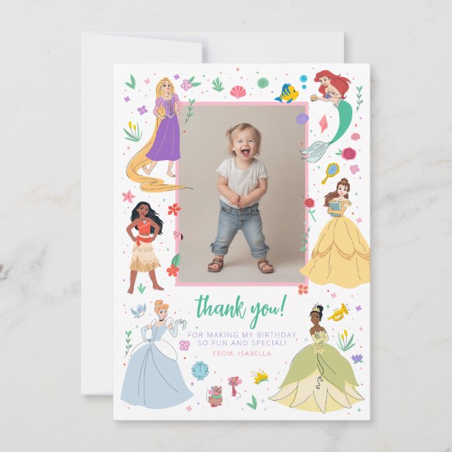 Disney Princess Birthday Floral Collage Thank You Card (Front)