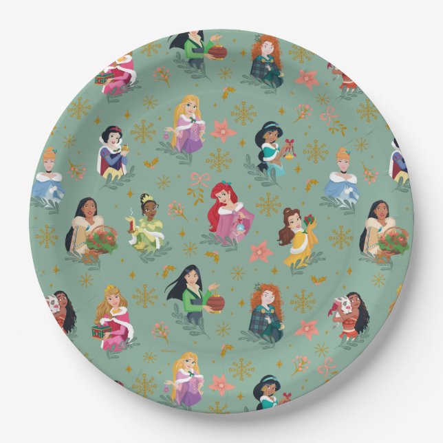 Disney Princess Christmas Holiday Pattern Paper Plates (Front)