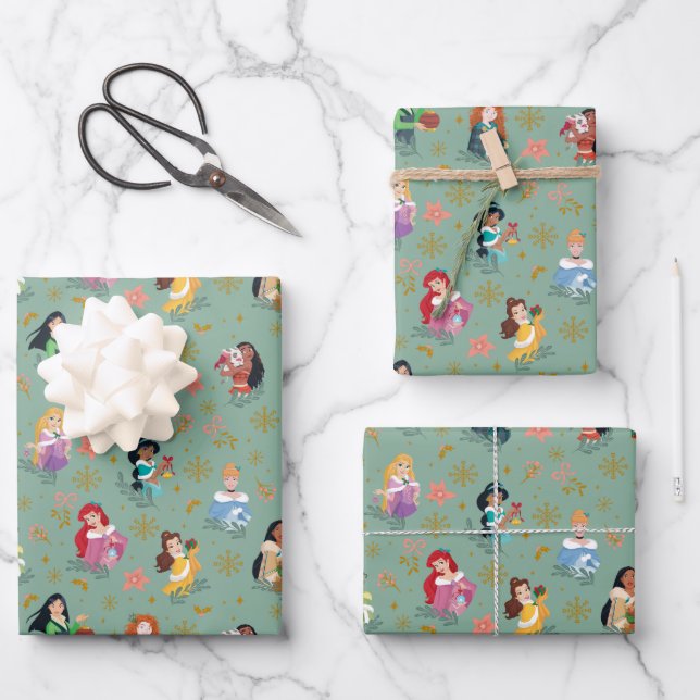Disney Princess Christmas Holiday Pattern Wrapping Paper Sheets (Front)