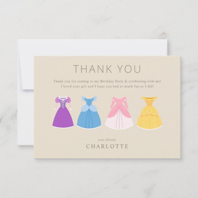 Disney Princess Dresses Girl's Birthday Thank You Card (Front)