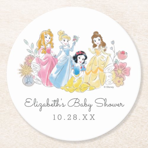Disney Princess Floral  Girl Baby Shower Round Paper Coaster