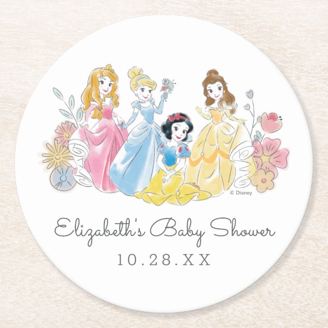 Disney Princess Floral | Girl Baby Shower Round Paper Coaster (Front)