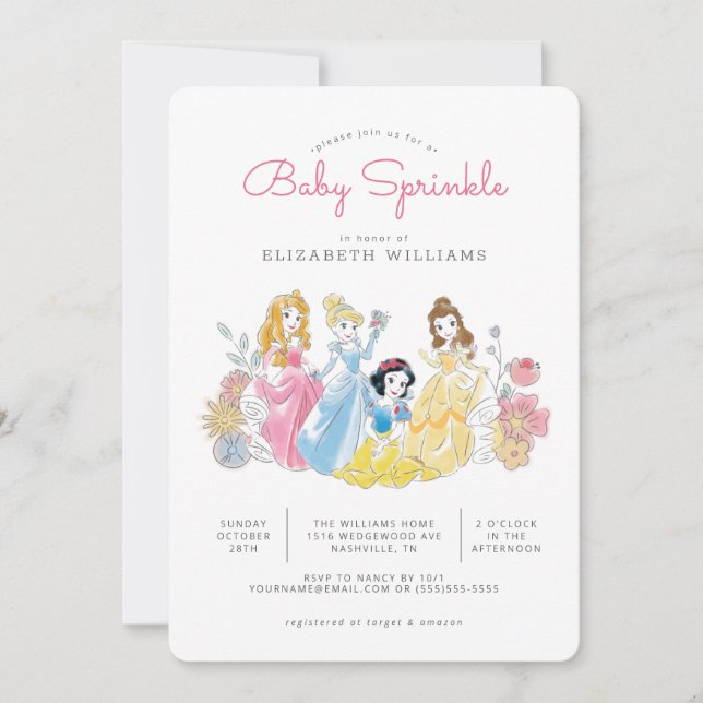Disney Princess Floral | Girl Baby Sprinkle Invitation (Front)
