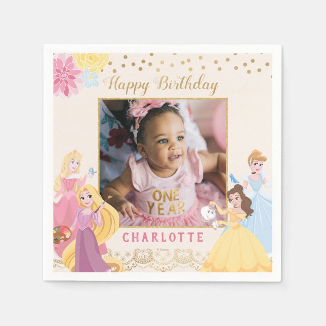 Disney Princess | Floral Gold Confetti Birthday Napkins (Front)