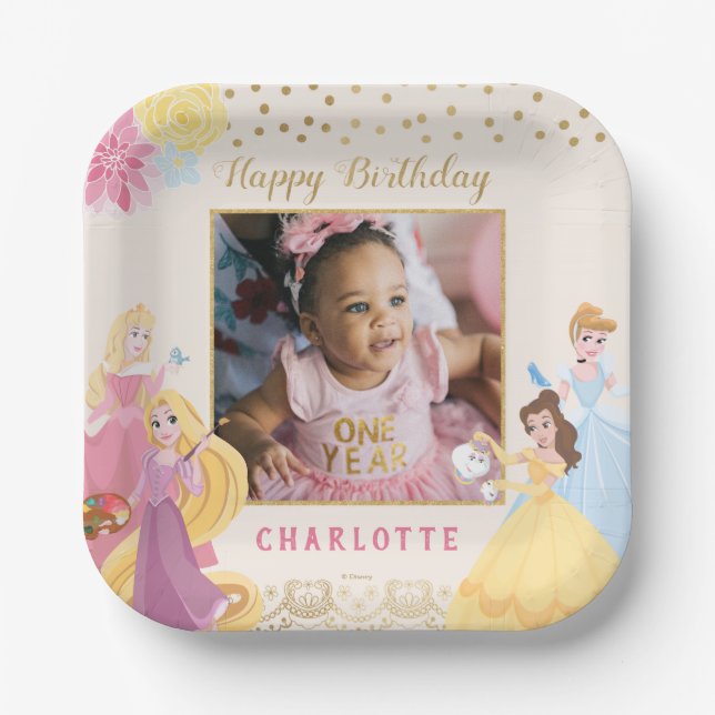 Disney Princess | Floral Gold Confetti Birthday Paper Plates (Front)
