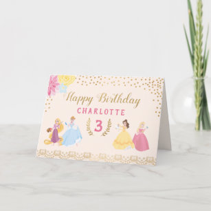 Disney Princess   Floral Gold Confetti Birthday Thank You Card