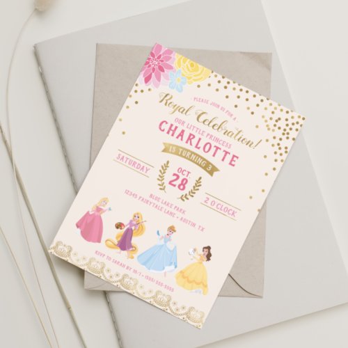 Disney Princess  Floral Gold Confetti Invitation
