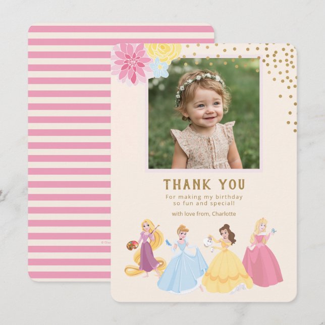 Disney Princess | Floral Gold Confetti Thank You Card (Front/Back)