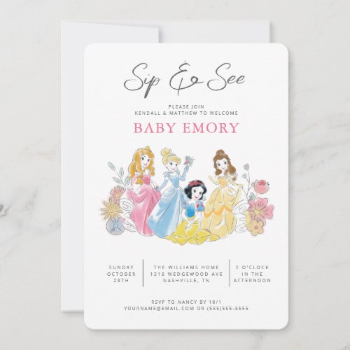 Disney Princess Floral  Sip and See Baby Girl Invitation