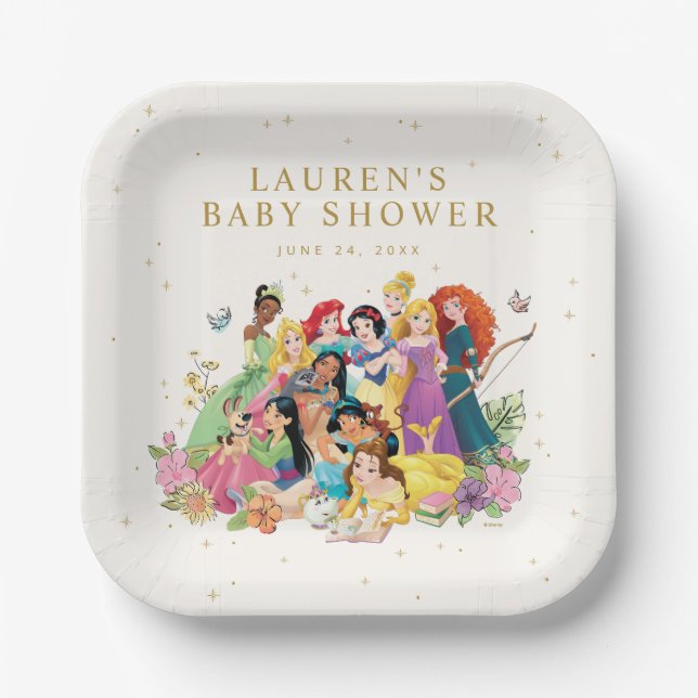 Disney Princess Gold Floral Baby Shower Paper Plates (Front)