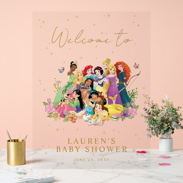 Disney Princess Gold Floral Baby Shower Welcome Acrylic Sign (Wedding)